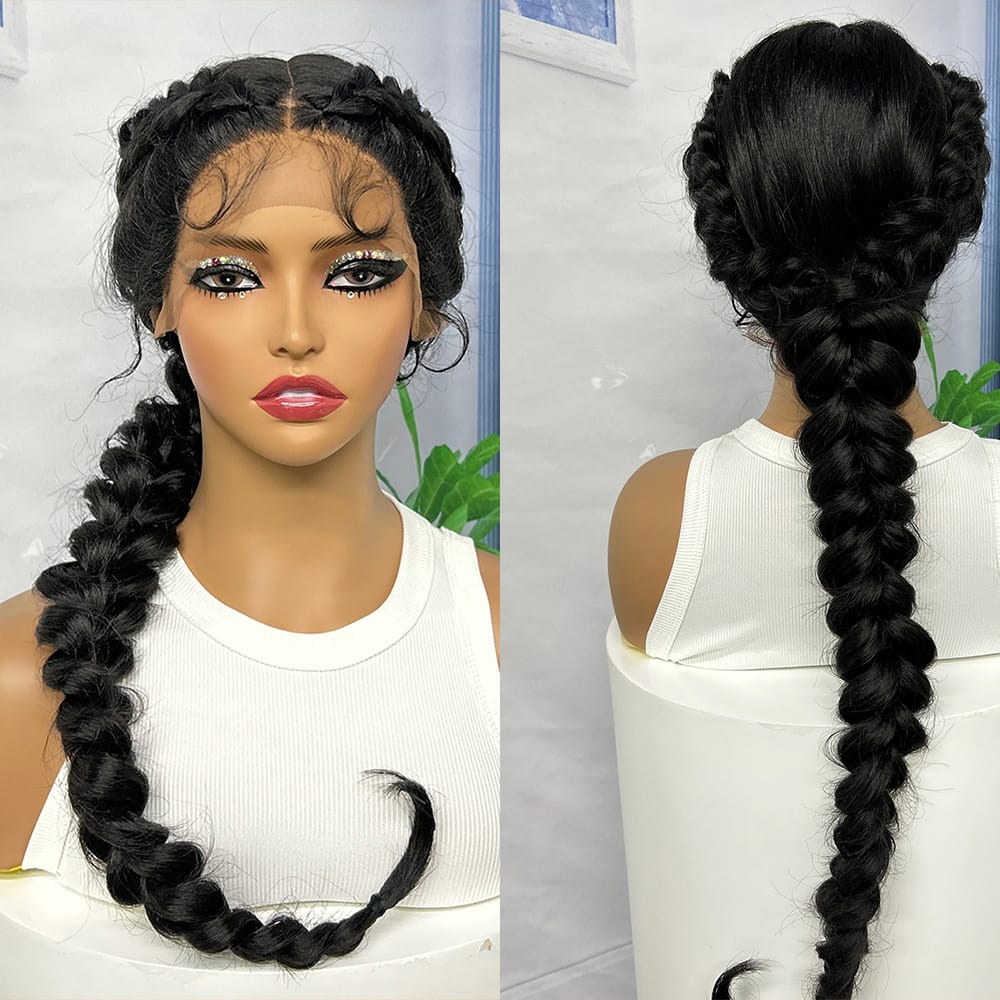 Ponytail Braided Wigs Synthetic Lace Front Cornrow Braided Wigs for Black Women with Baby Hair Natural Color Knotless Wigs