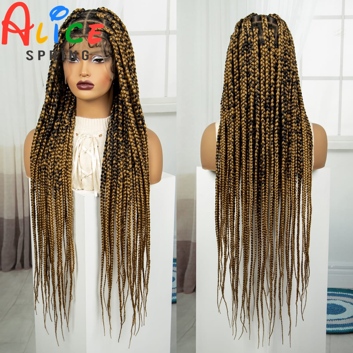 36 Inch Synthetic Braided Wigs Ombre Lace Front Wigs with Baby Hair Full Lace Straight Knotless Box Braid Wigs for Black Women