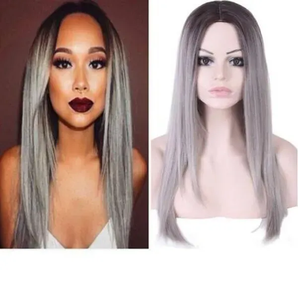 Long Straight Hair Brown Grey Ombre wig Heat Resistant Fiber Synthetic Cosplay