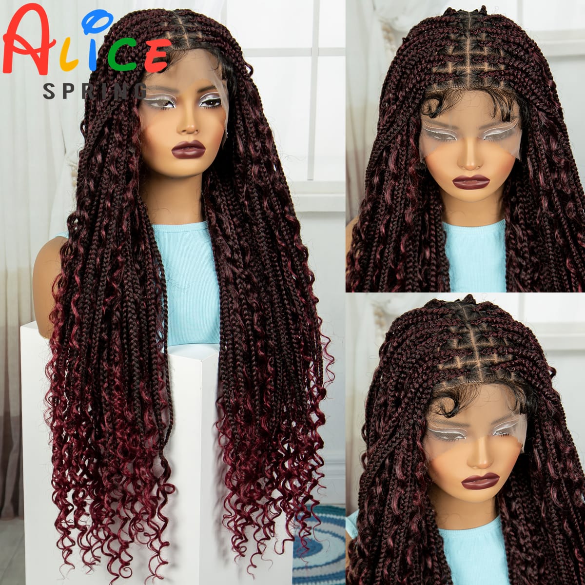 Full Lace Braided Wig with Curly Ends Synthetic Burgundy Knotless Box Braided Wigs with Baby Hair for Women Handmade Braided Wig