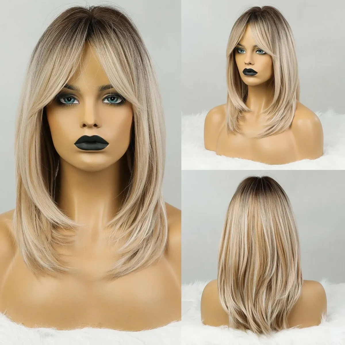 Straight Highlight Synthetic Wig Bangs Ombre Brown Blonde Party Daily Women Hair