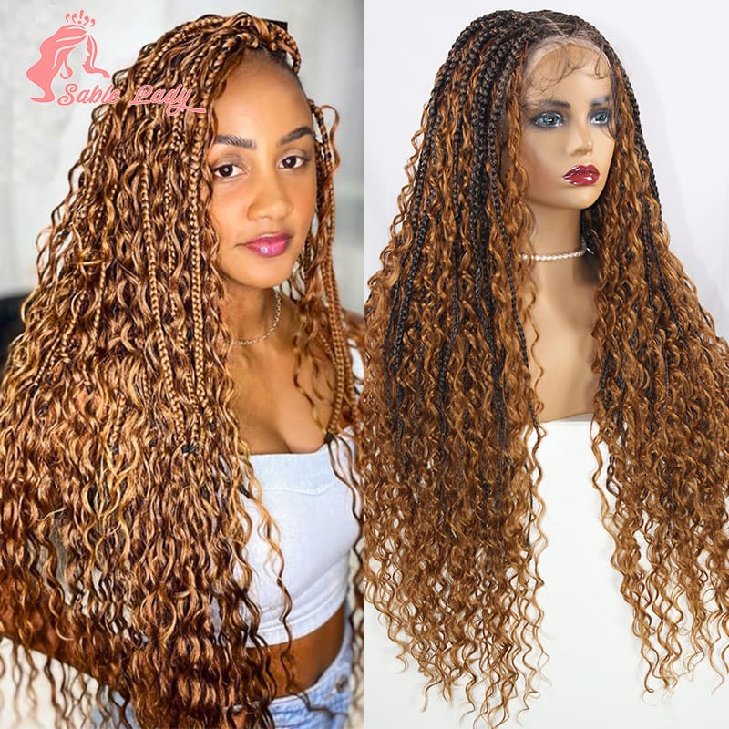 32" Braided Wig Synthetic Knotless Box Braid Wig Full Lace Wig Boho Cornrow Braid Wig Braiding Hair Bohemian Goddess Sable Lady