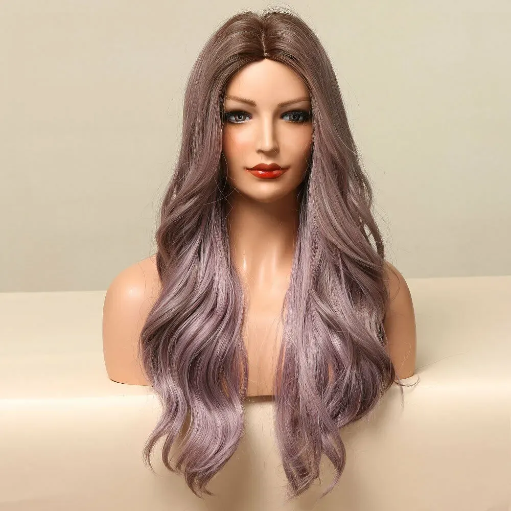 Fashion Womens Middle Length Brown Mixed Purple Curly Hair Wigs Bangs Party Cosplay Wig