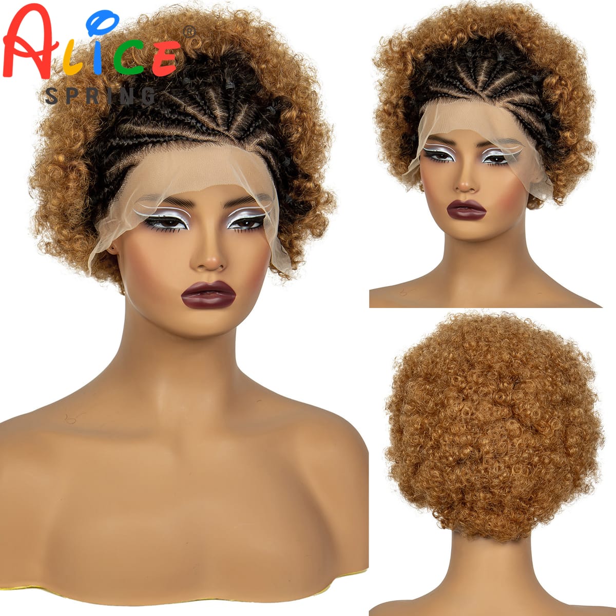 6 Inch Synthetic Hair Wigs 1BT30 Color 13x4 Lace Frontal Short Braided Wigs Afro Kinky Curly Cornrow Braids Wigs for Black Women
