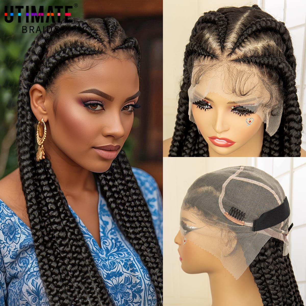 38 Inches Synthetic Full Lace Cornrow Braided Wigs for Black Women Lace Frontak Knotless Box Braiding Wig with Baby Hair