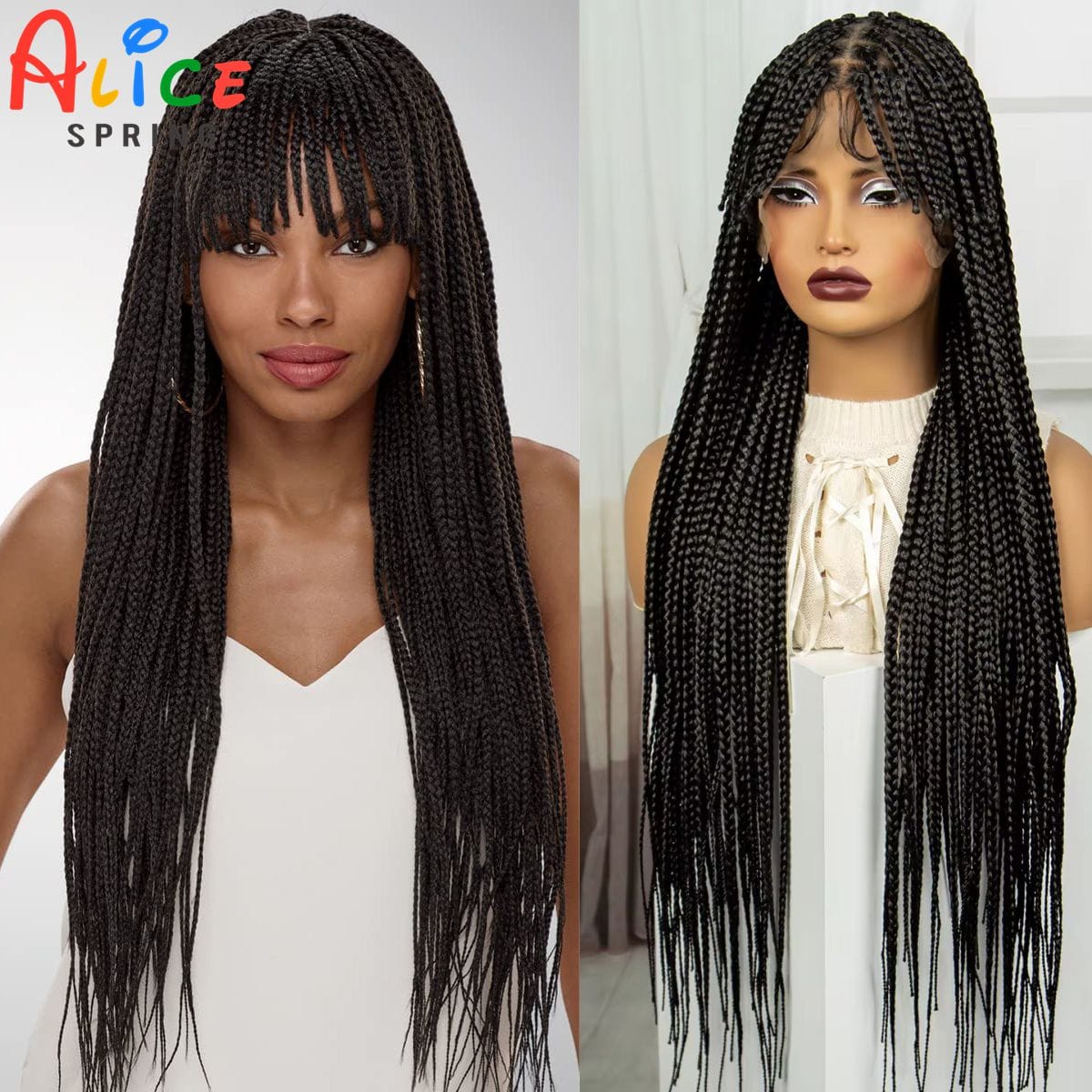 34Inch Braided Wig with Bangs Synthetic Full Lace Knotless Box Braids Wig with Baby Hair Lace Frontal Braided Lace Wig for Women