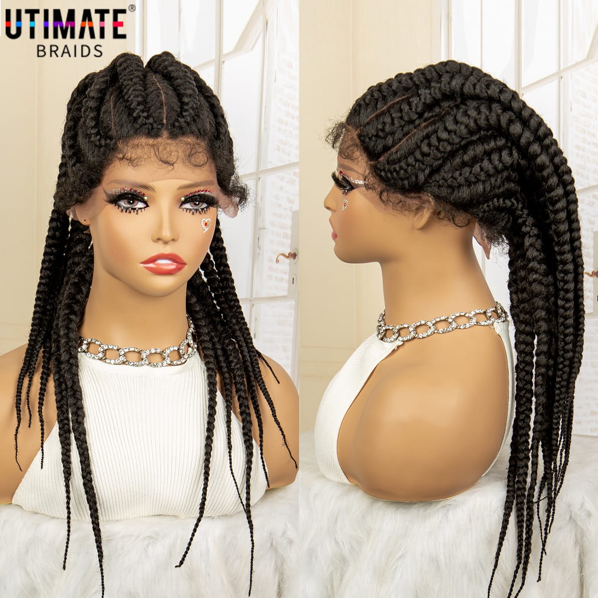 Synthetic Ponytail Braided Wigs Lace Frontal 24 Inches African Knotless Twist Braids Wig for Black Women with Baby Hair