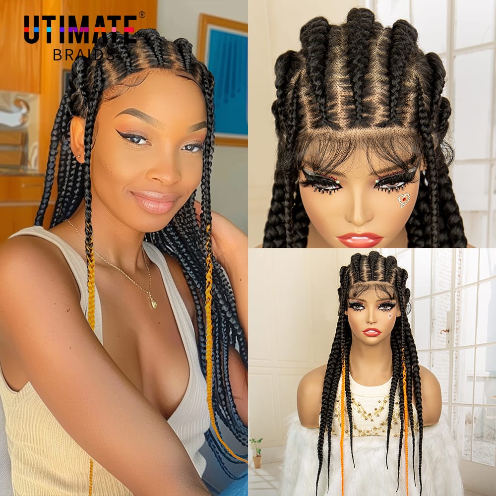 Full lace Cornrow Braided Wigs Highlights Orange Lace Front Braids Wig Natural Color Wigs with Baby Hair for Black Women