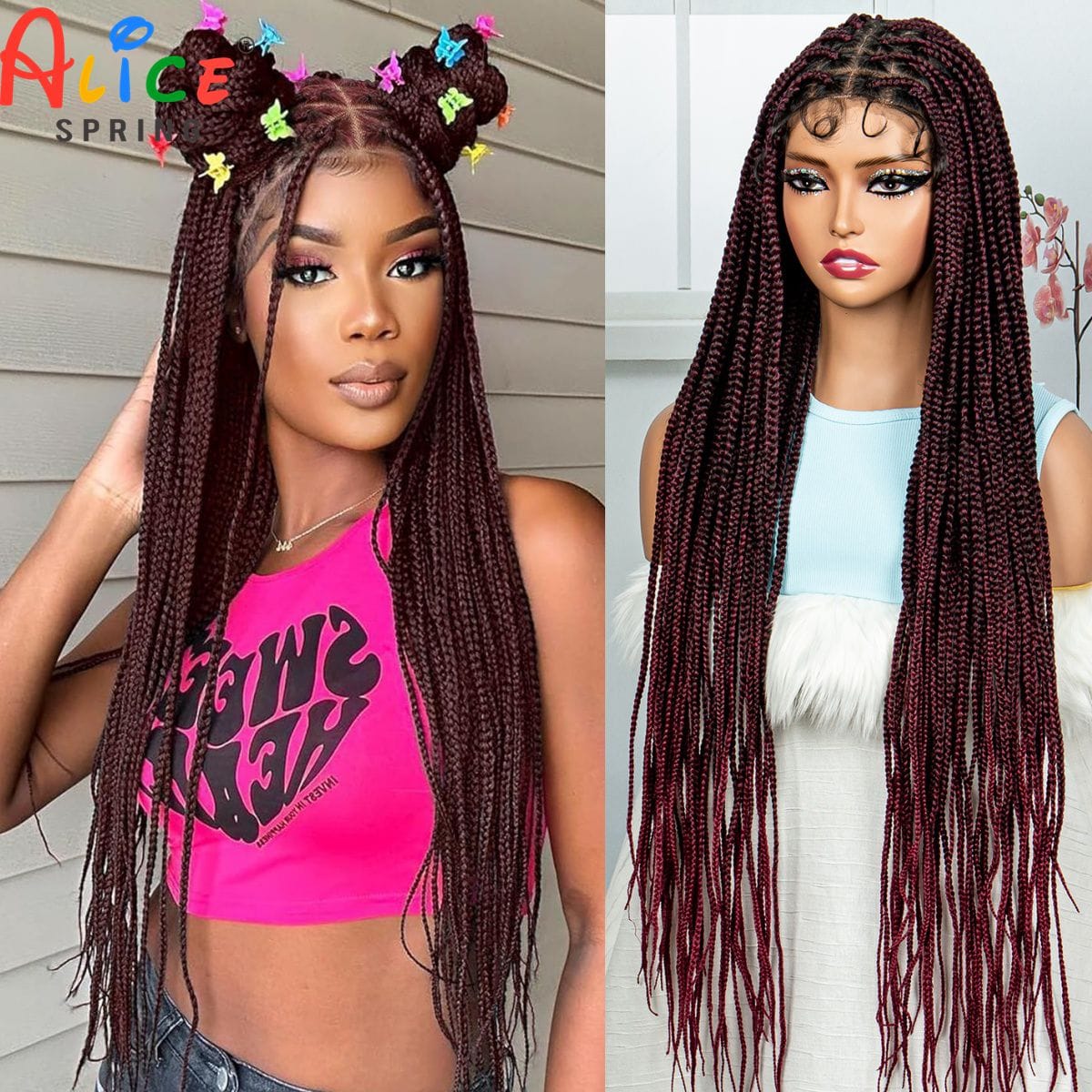 360° Hd Full Lace Knotless Braided Wigs for Women 36 Inch Burgundy Box Braid Wig with Baby Hair Blended Braided Lace Front Wigs