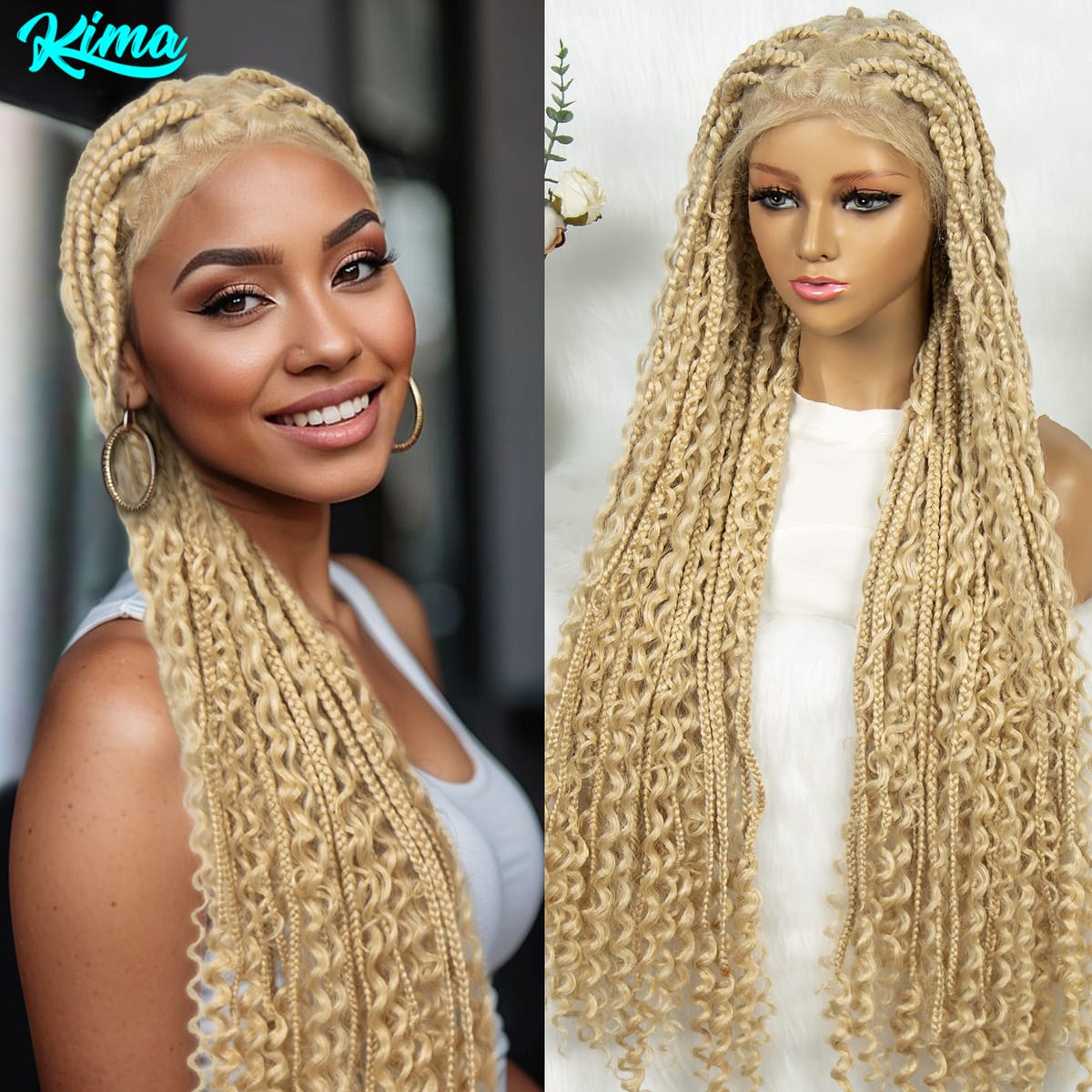 KIMA Synthetic Bohemian Box Braids Wigs Full Lace Braided Wigs Knotless Goddess Boho Braided Wigs Hair for Black Women