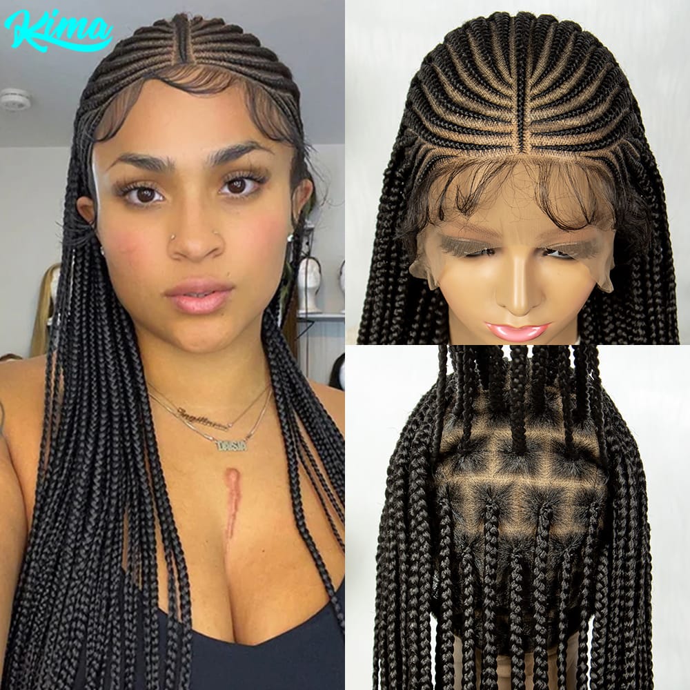 KIMA 36 inch Full Lace Braided Wig Cornrow Box Synthetic Fulani Lace Front Wigs for Africa Women Men Braids Wig with Baby Hair