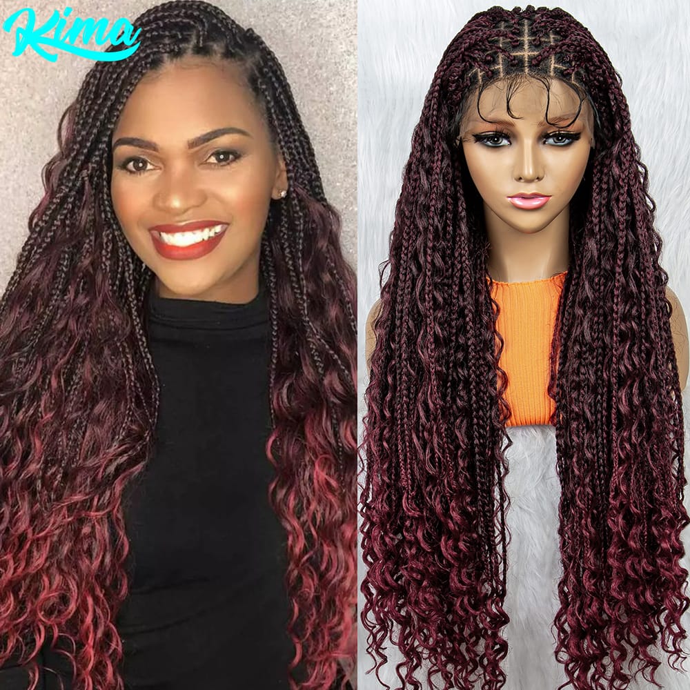 Burgundy Bohemian Box Braids Wigs Synthetic Lace Front Wig Braided Wigs Goddess Braids Hair Boho Braided Curly Hair