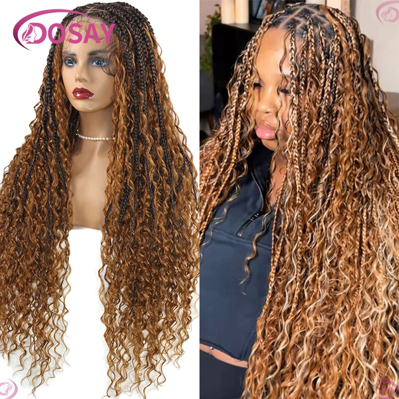 32" Full Lace Front Hair Boho Curly Wig Braids Hair Wig Synthetic Braided Lace Wigs Bohemian Goddess Knotless Box Braid Wig
