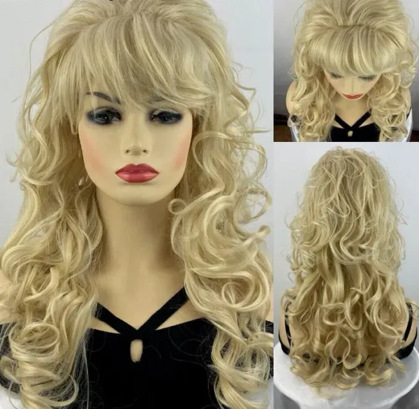 Popular Long Curly Blonde Synthetic Cosplay Hair Wigs Women Natural Party Wig