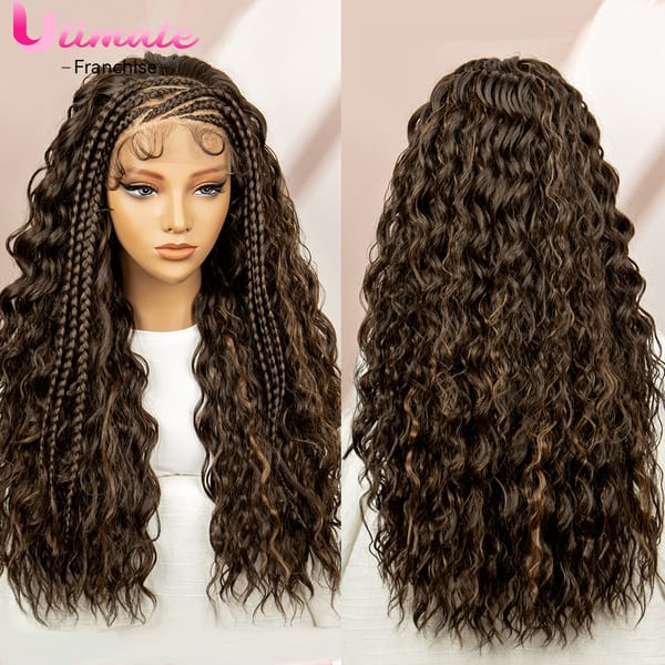 Boho Braids Synthetic Cornrow Braided Wigs Brown Lace Front Braids Wigs with Baby Hair Curly Hair Wigs for Women Daily Use