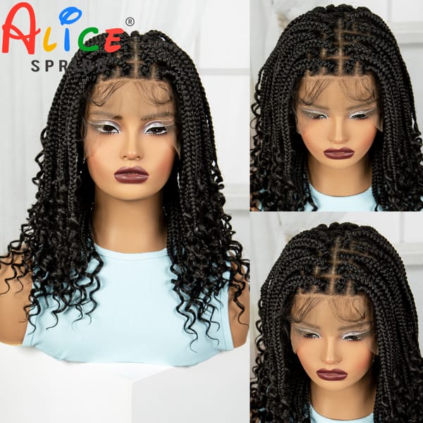 Deep Wave 16 Inch Synthetic Braided Lace Wigs Natural Curly Full Lace Knotless Box Braids Wigs for Black Women with Baby Hair