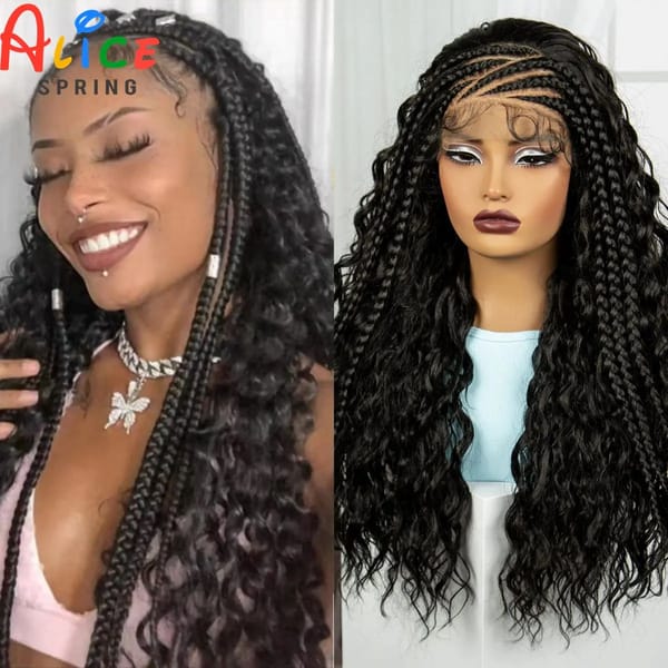 26 Inch Natural Water Wave Synthetic Braided Wigs Lace Braided Wig Curly Knotless Braids Wigs With Baby Hair for Black Woman