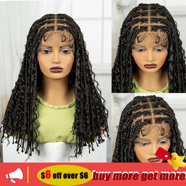 Boho Braided Wigs Full Lace Synthetic Box Braided Wigs with Baby Hair Knotless Braided Wigs for Black Women 18 Inches