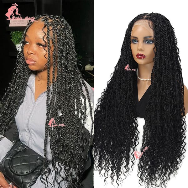 32" Full Lace Braided Wigs Synthetic Braids Lace Front Wig Knotless Braided Wigs For Women Senegalese Twist Wig With Curly Hair