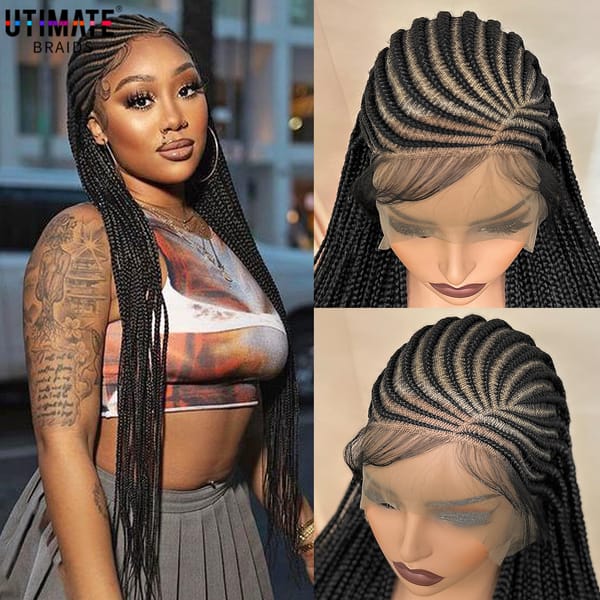 Synthetic 360° Full Lace Cornrow Braided Wigs for Black Women 36 Inches HD Lace Handmade Knotless Box Braided Wig with Baby Hair