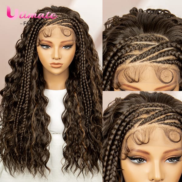 26 Inches Synthetic Lace Front Curly Braided Wigs Cornrow Braided Wig with Baby Hair Boho Braids Burgundy Braiding