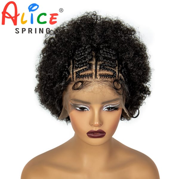 8inch Natural Afro Kinky Curly Synthetic Braided Wigs with Baby Hair 13x6 Transparent Short Bouncy Curly Braids Wig For Wome