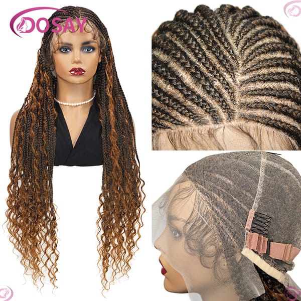 Boho Cornrow Braids Lace Wigs Synthetic Braided Wigs For Black Women 32" 1B27 Knotless Box Braid Wig Full Lace Braiding Hair