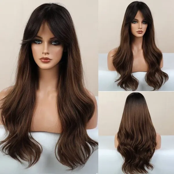 Long Ombre Dark Brown Wavy Wigs Heat Resistant Fiber Women Synthetic Hair wig