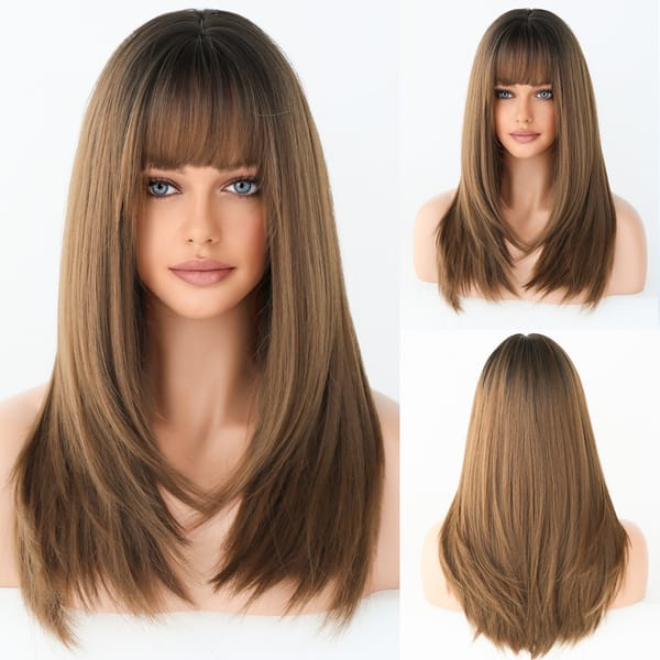 22“ Long Omber 3Style Black Brown Straight Women’s Cosplay Hair Wig