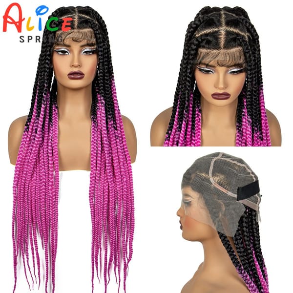36inch Pink Color Knotless Box Braided Wigs Synthetic Transparent Full Lace Braids Wig For Women Braided Lace Wig with Baby Hair