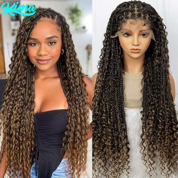 Kima Bohemian Box Braids Synthetic Boho Braided Wigs 9x6 Lace Front Wig African Braided Wigs Hair Goddess Braids Curly 32 inches