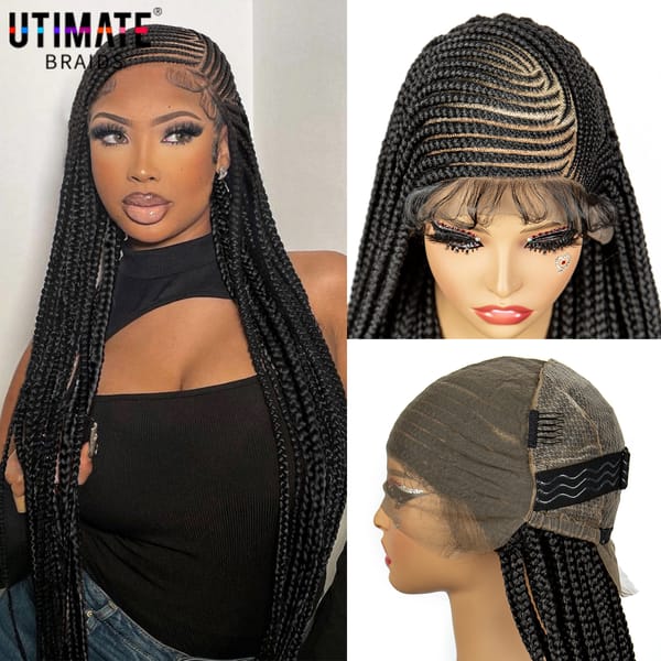 Synthetic Full Lace Cornrow Braided Wig for Black Women Braids Wig with Baby Hair 34 Inch Lace Front Back Knotless Braiding Wig