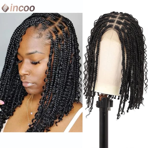 12" Short Bob Braided Wigs Blonde Color Synthetic Full Lace Wig Goddess Boho Box Braids Wigs Black Burgundy Knotless Curly Hair