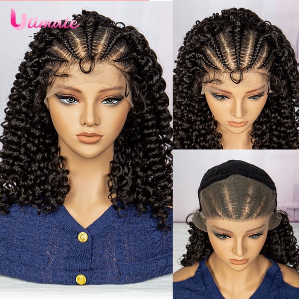 Cornrow Box Braided  Wigs Curly Bob Wigs with Baby Hair Lace Front Synthetic Cornrow Braided  Wigs for Afro Women