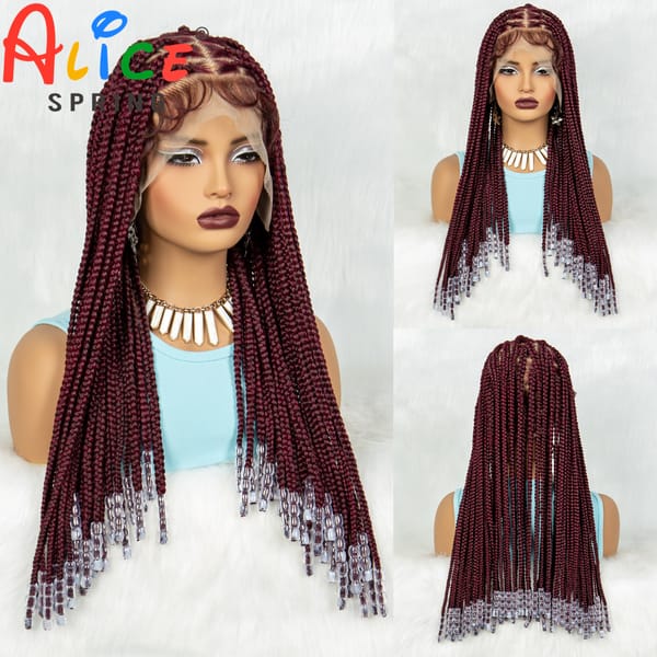 Bungundy Braided Wigs with Beads Synthetic Full Lace Braided Wigs  for Women Knotless Cornrow Twist Braids Wigs with Baby Hair