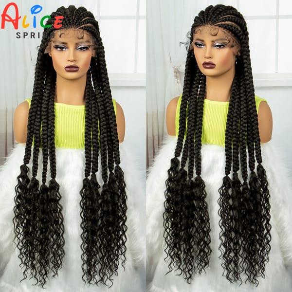 Synthetic Full Lace Braided Wigs with Curly Ends for Black Women Lace Frontal Knotless Box Braiding Hair Wig Cornrow Braids Wigs