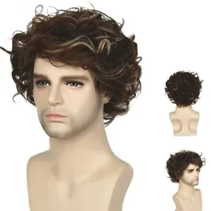 Mens Brown Blonde Wig Short Wavy Wigs Natural Synthetic Curly Hair Full Wig