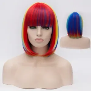 Women Wig Short Multicolor Rainbow Straight Cosplay Party Hair Full Wig