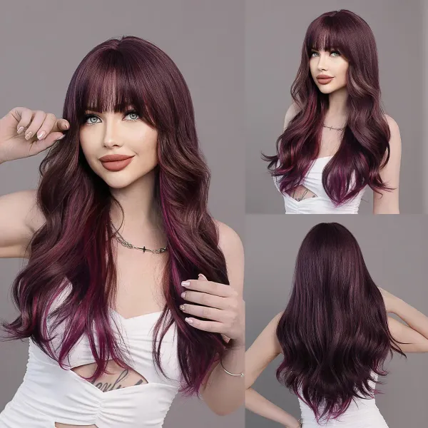 26“ Long Omber 6Style mix Black Brown Gradient Color Wavy Women’s Cosplay Hair Wig with Bangs for Halloween Christmas Anime Wigs