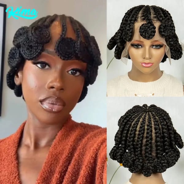 Kima Koroba Braided Wigs Synthetic Full Lace Wig Bantu Cornrow Braiding Style with Baby Hair for Afro Women