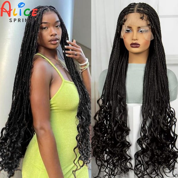 Natural Synthetic Full Lace Wigs 36 Inch Knotless Box Braided Wigs Curly Lace Front Braided Wigs for Black Women with Baby Hair