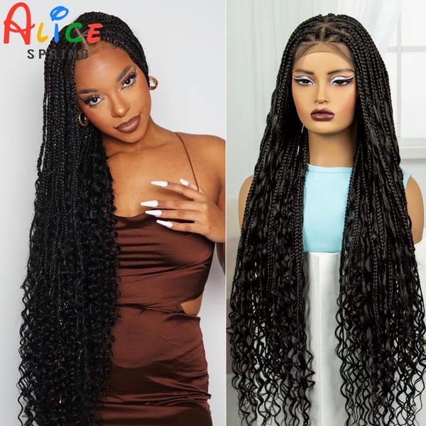 38 Inch Synthetic Braided Wigs Full Lace Knotless Box Braids with Curly Hair Natural Braideds Wig With Baby Hair for Black Women