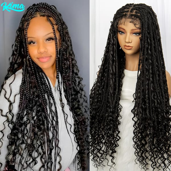 KIMA Full Lace Boho Braided Wigs Bohemian Box Braids Synthetic Lace Front Wig Knotless Goddess Locs Wigs Hair with Curly Ends