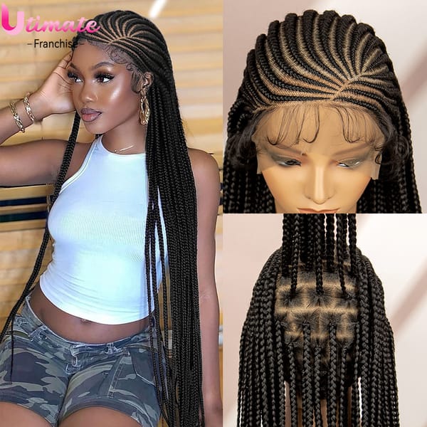 Natural Color Synthetic Full Lace Cornrow Braided Wigs with Baby Hair Box Braids Wigs Lace Wigs for Women Daily Use