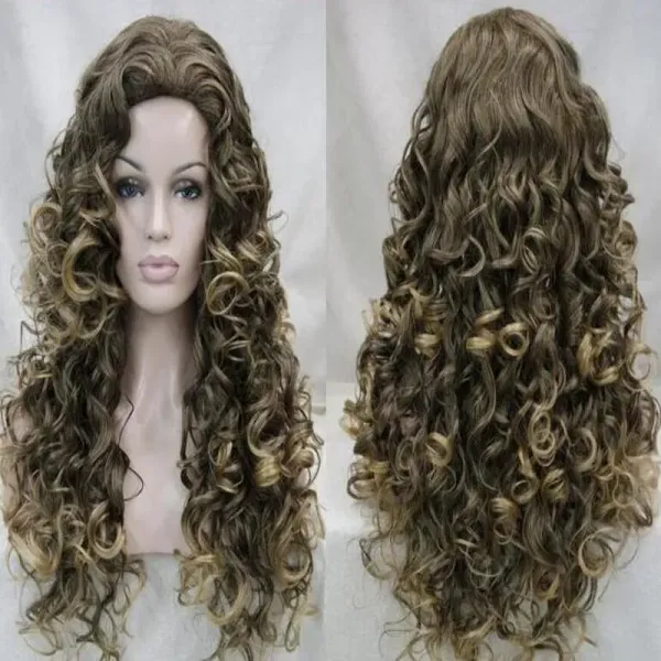 Popular Long Mixed Brown Wavy Curly Ladies Cosplay Hair Wigs