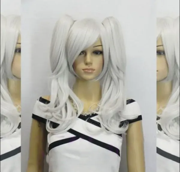free shipping Women cosplay Long straight wavy silver white two clip-on ponytail hair full wig