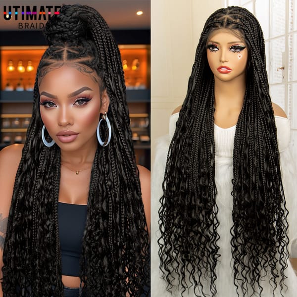38 Inches Synthetic Boho Braided Wigs 360° HD Full Lace Braided Wigs with Boho Curls Lace Front Braided Wigs with Baby Hair