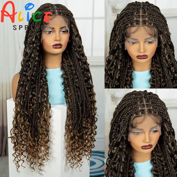 Full Lace Braided Wigs with Curly Ends Synthetic Ombre Knotless Box Braided Wigs with Baby Hair for Women Handmade Braided Wig