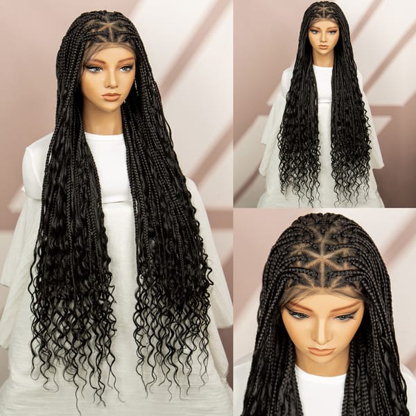 Full Lace Box Braid Wig Cap with Baby Hair Synthetic Cornrow Braided Wigs Curly Bohemian Ends for a Natural Look for Black Women