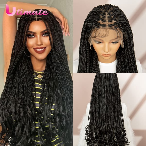 Lace Front Synthetic Braided Wigs Knotless Wigs for Black Women Micro Braids End Curly Wigs Box Braided Wigs with Baby Hair